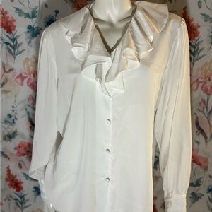 Vintage White Long Sleeve Ruffled Bib Collar Blouse